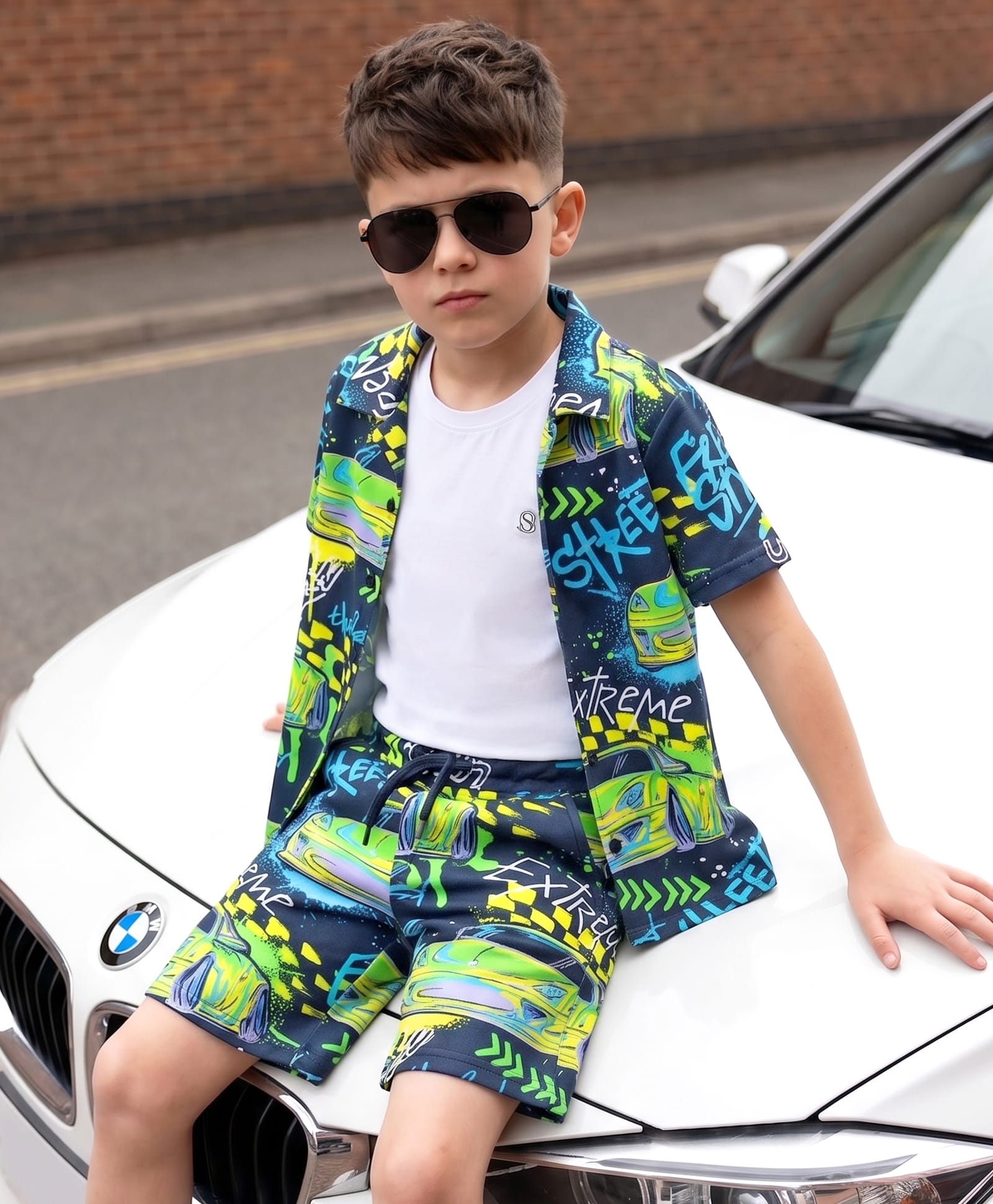 OLLINGTON ST. Sinker Knit Half Sleeves Shirt & Shorts Co-Ord Set With Car Print & T-Shirt - Multicolor-image-41