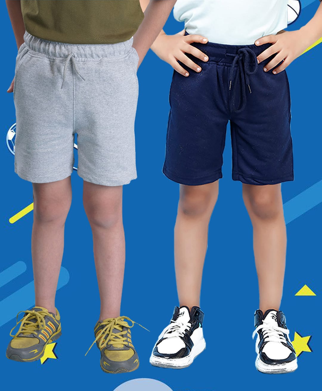 NUSYL Cotton Blend Knit Pack Of 2 Solid Shorts - Navy Blue & Grey-image-27