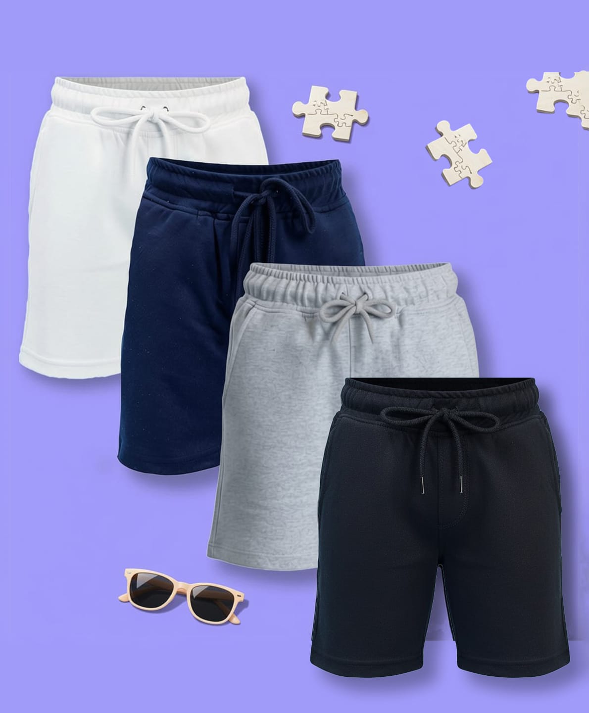 NUSYL Cotton Blend Knit Pack Of 4 Solid Shorts - White Black Navy Blue & Grey-image-7