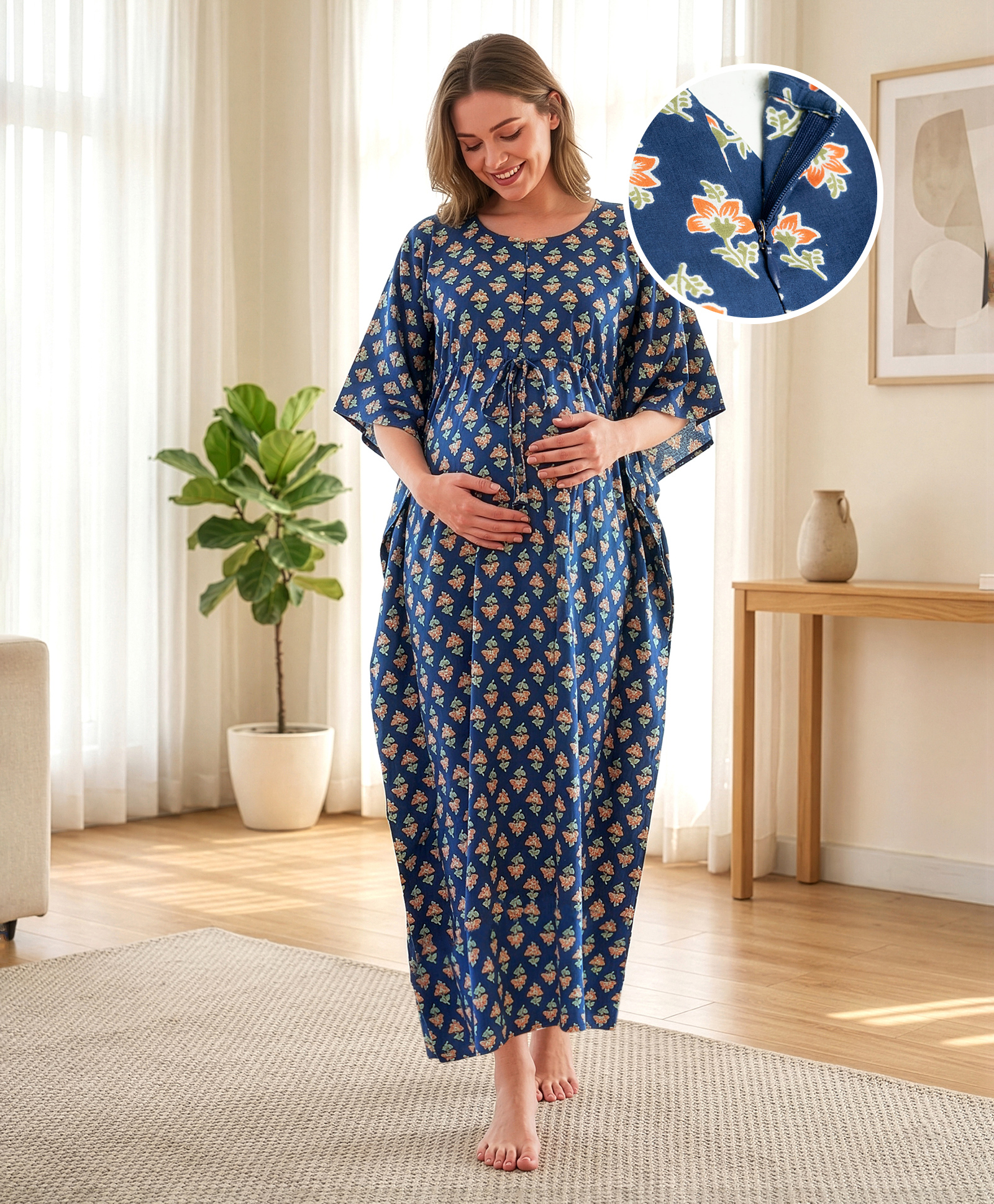 Bella Mama Cotton Woven Half Sleeves Maternity Nursing Kaftan with Floral Print - Blue-image-31