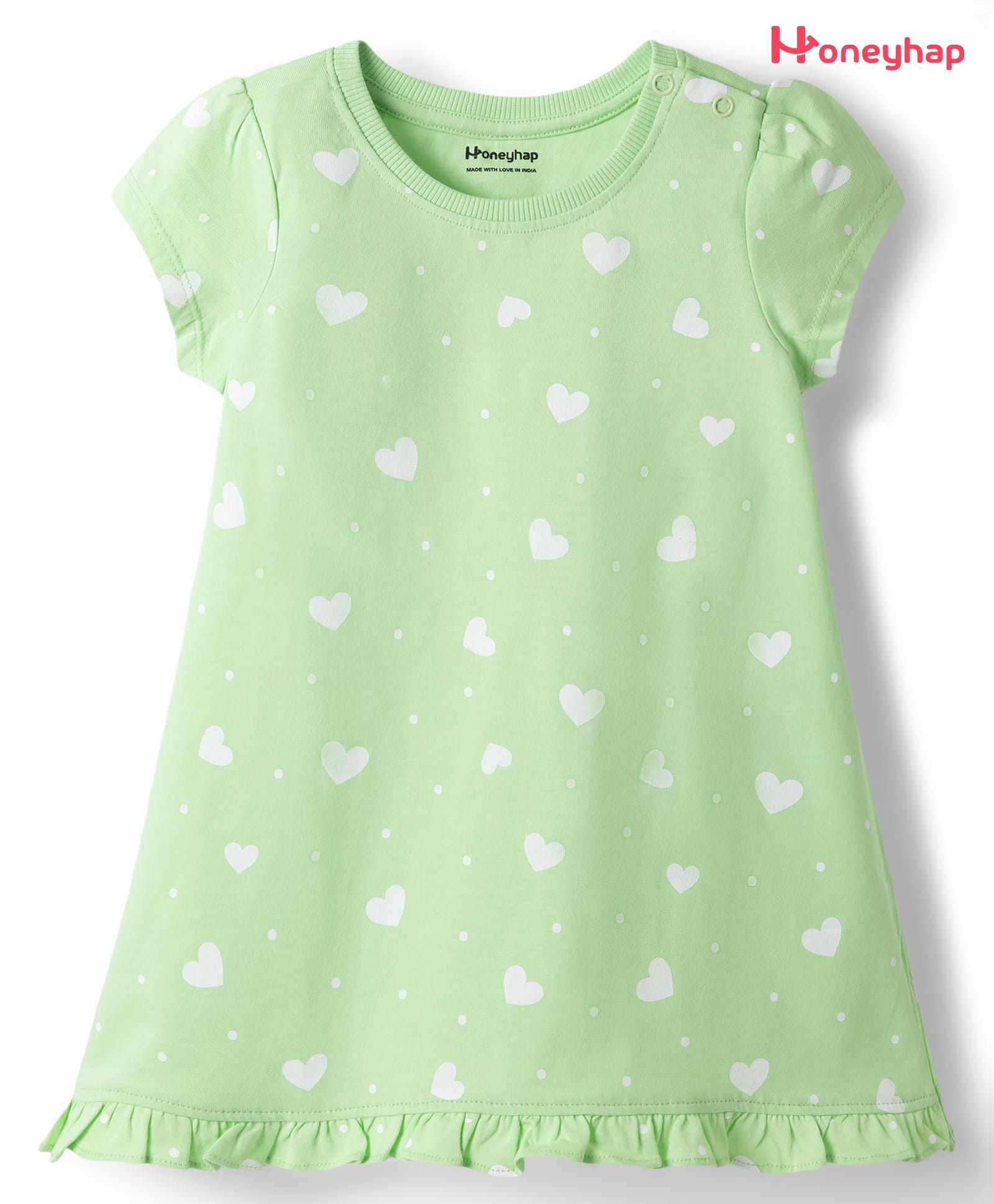 Honeyhap Premium 100% Cotton Knit Half Sleeves Nighty With Bio Finish & Heart Print - Pistachio Green-picture-13