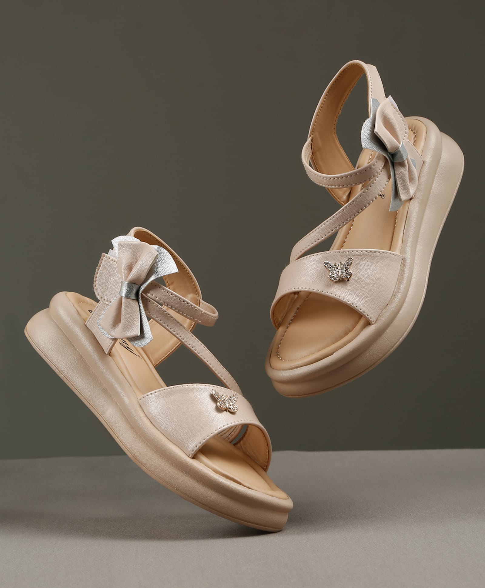 Tiny Bugs Stone Embellished Butterfly & Bow Applique Detailed Velcro Closure Sandals - Beige-picture-18