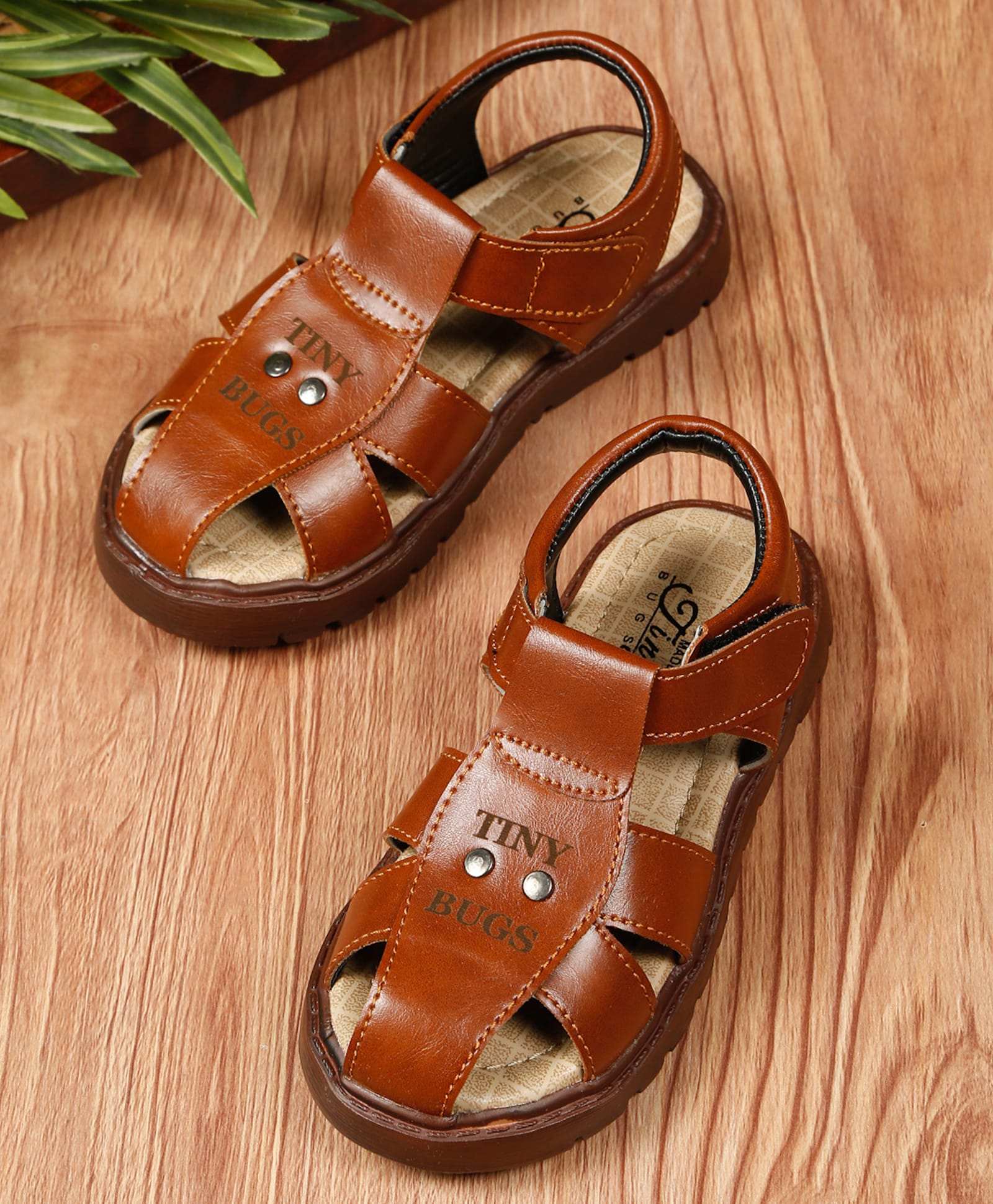Tiny Bugs Metal Stud Embellished & Brand Name Printed Velcro Closure Sandals - Tan-picture-17