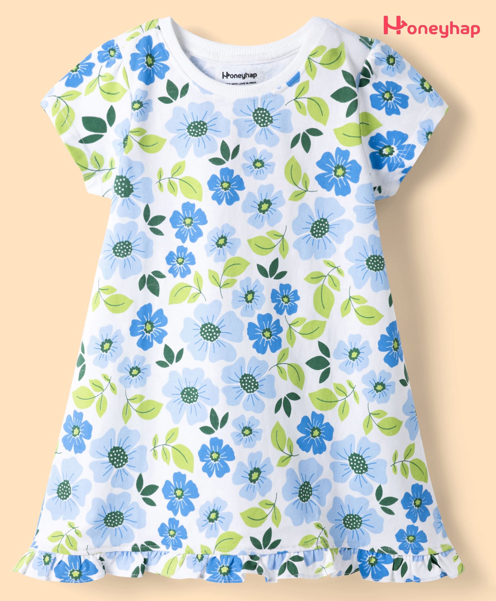 Honeyhap Premium 100% Cotton Knit Half Sleeves Floral Printed Nighty With Bio Finish - Bright White-image-48