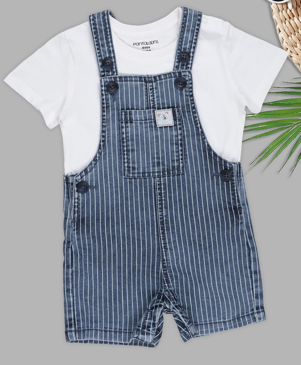 Pantaloons Baby Denim Striped Dungaree With Half Sleeves Solid Tee - Blue-image-47
