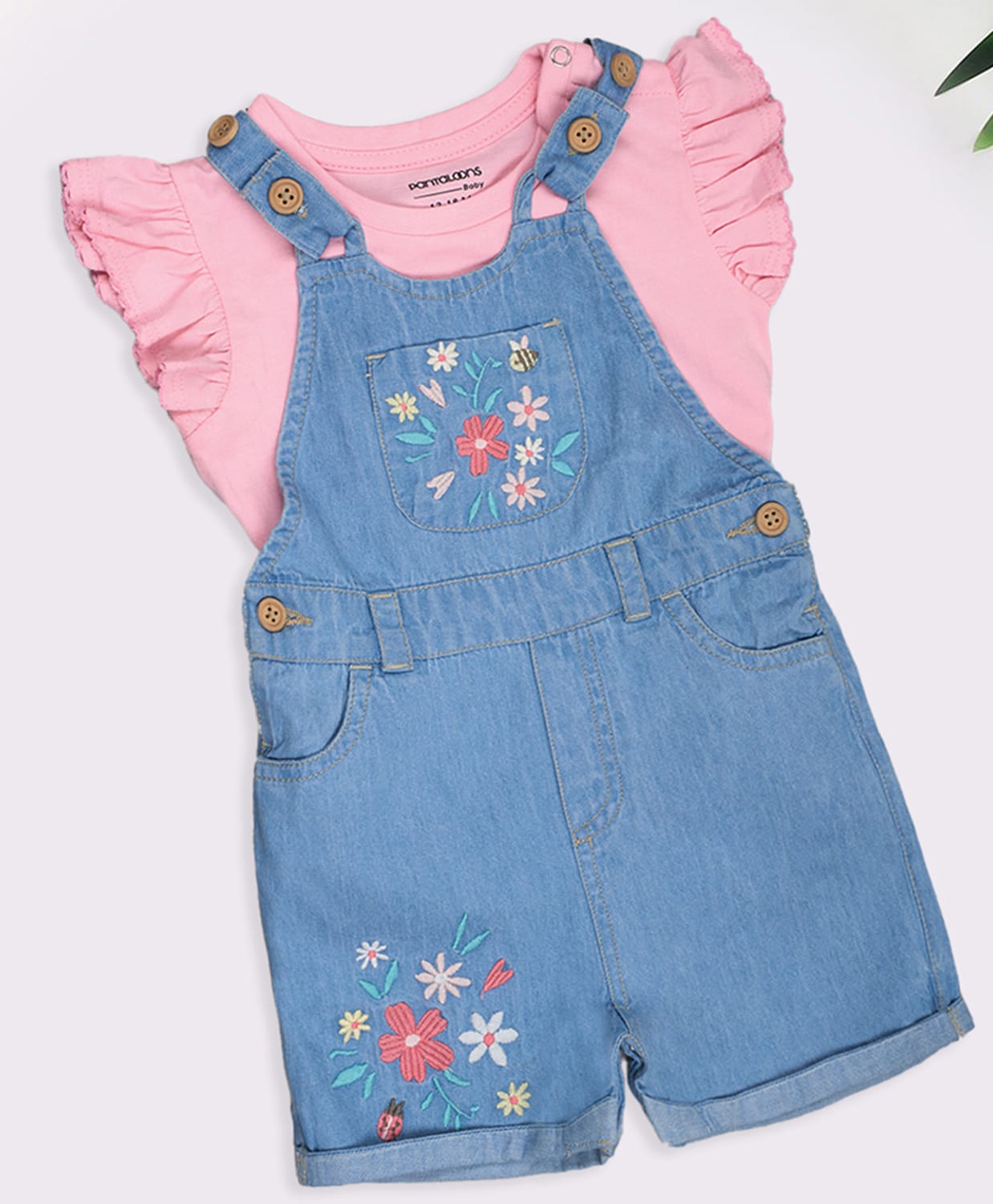 Pantaloons Baby Cotton Denim Floral Embroidered Dungaree With Frill Sleeves Top - Blue-image-46