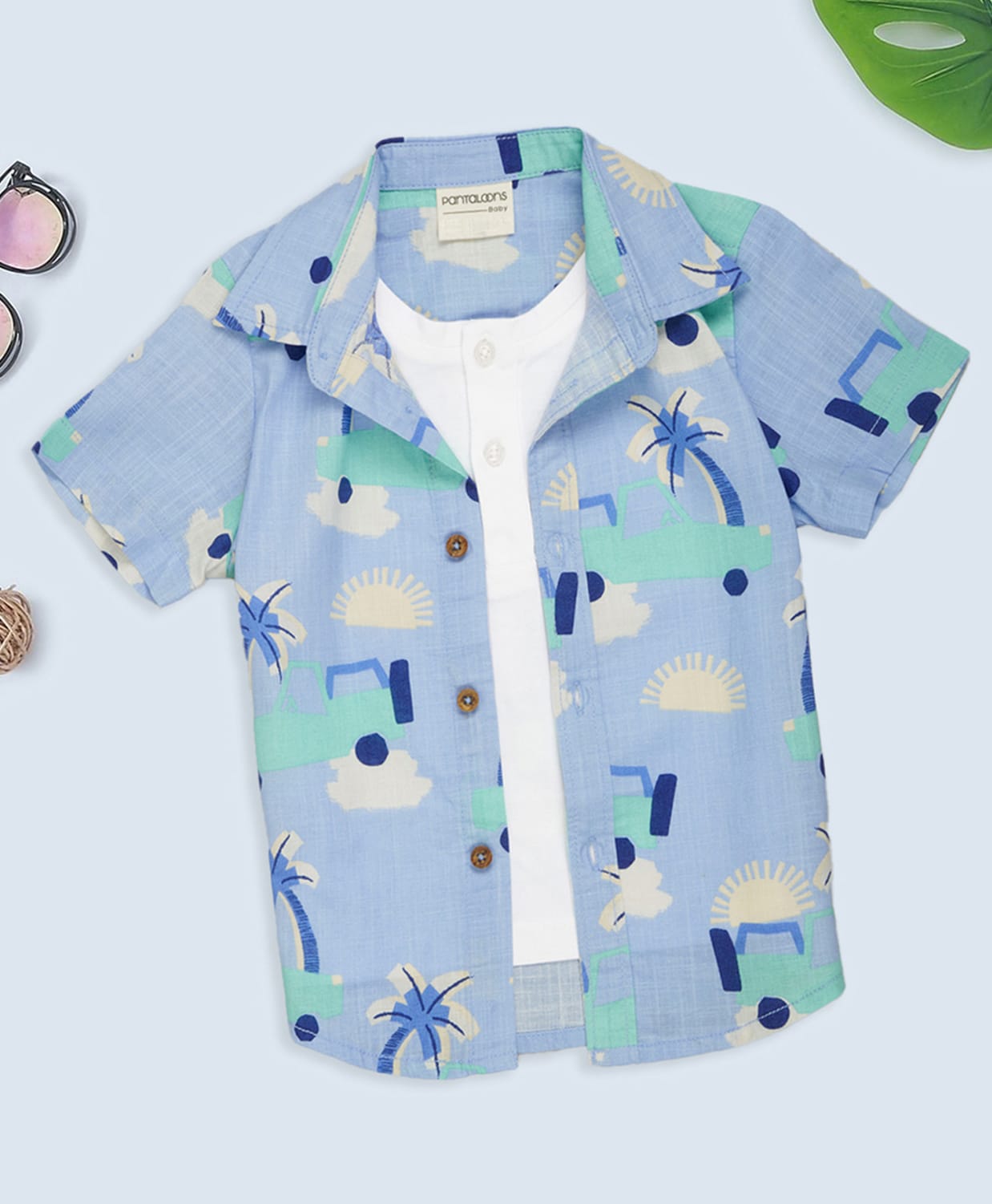 Pantaloons Baby Cotton Half Sleeves Tropical Theme Printed Shirt With Attached Tee - Blue-picture-19