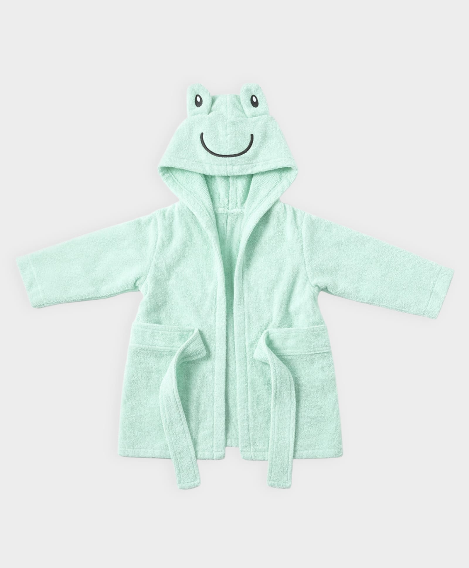 Mi Arcus 100% Cotton Knit Frog Face Applique Detailed Hooded Bathrobe With Belt - Mint Green-picture-40