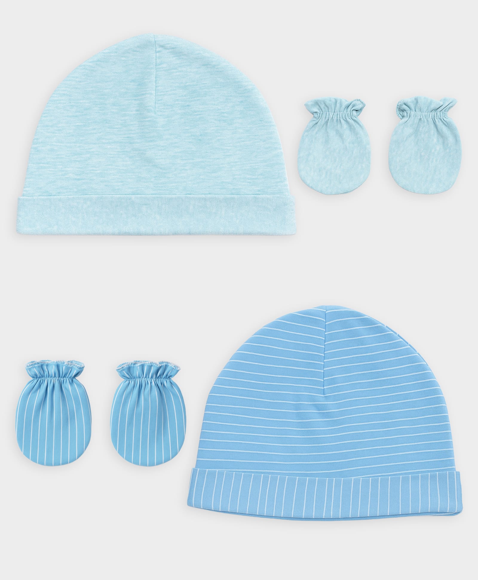 Mi Arcus 100% Cotton Knit Pack Of 2 Solid & Striped Caps & Mittens Set - Blue-image-43