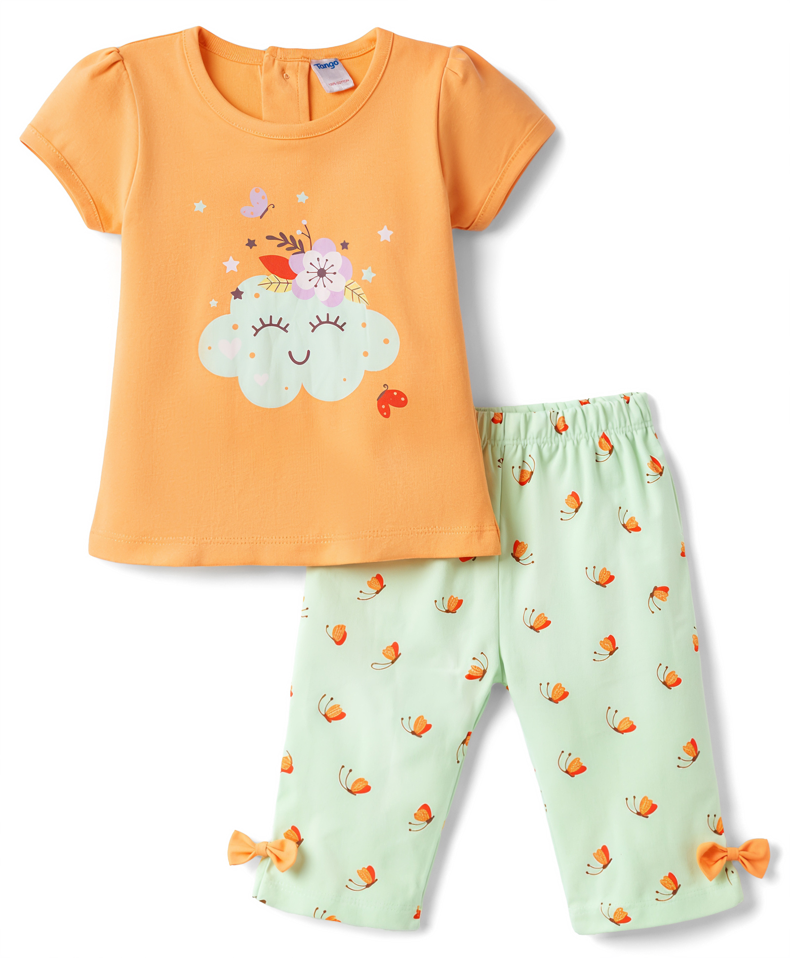 Tango Single Jersey Knit Half Sleeves Butterfly Printed T-Shirt & Capri Night Suit With Bow Applique - Orange-image-39