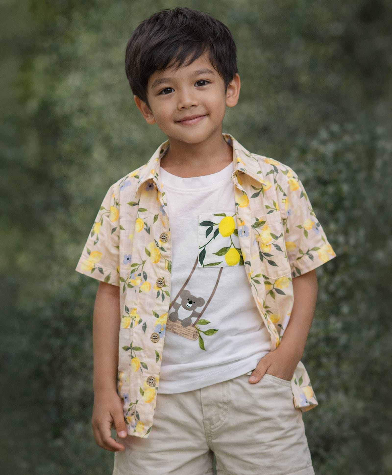 Mi Arcus 100% Cotton Woven Half Sleeves Leaves & Floral Printed Shirt With Tee - Yellow-picture-21