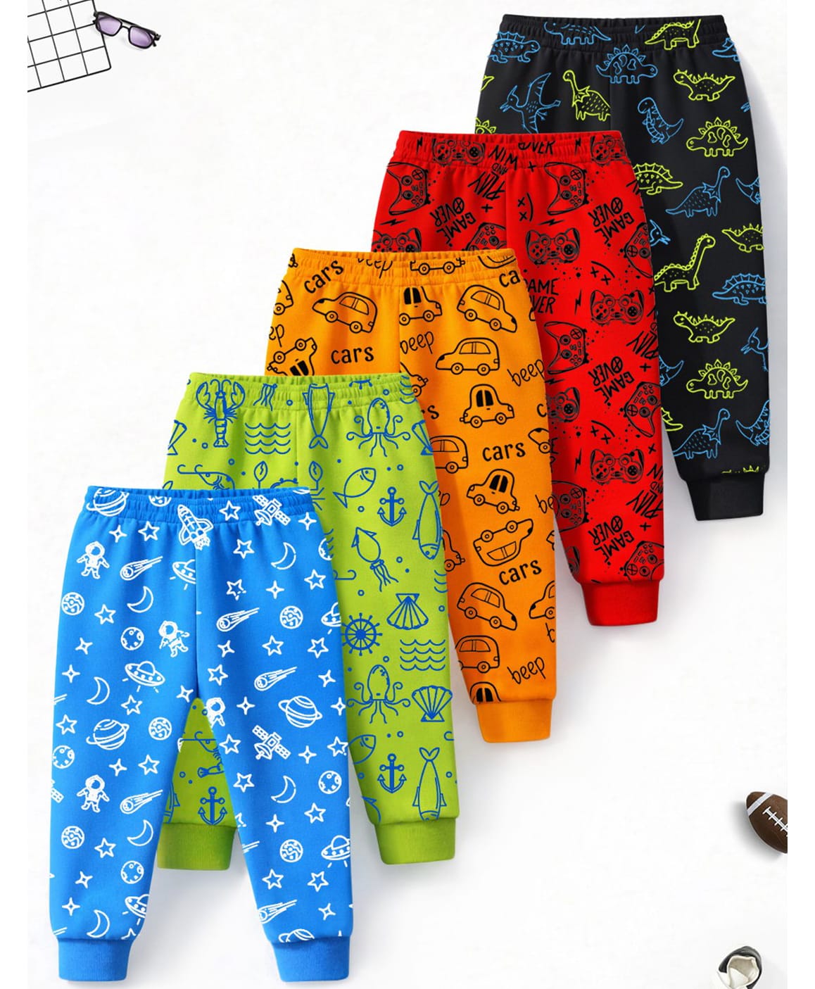 Trampoline Cotton Blend Knit Pack Of 5 Dinosaur Cars & Space Theme Printed Pajamas - Multi Colour-image-5