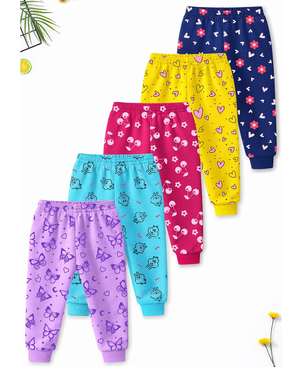 Trampoline Cotton Blend Knit Pack Of 5 Heart Floral & Butterfly Printed Pajamas - Multi Colour-picture-16