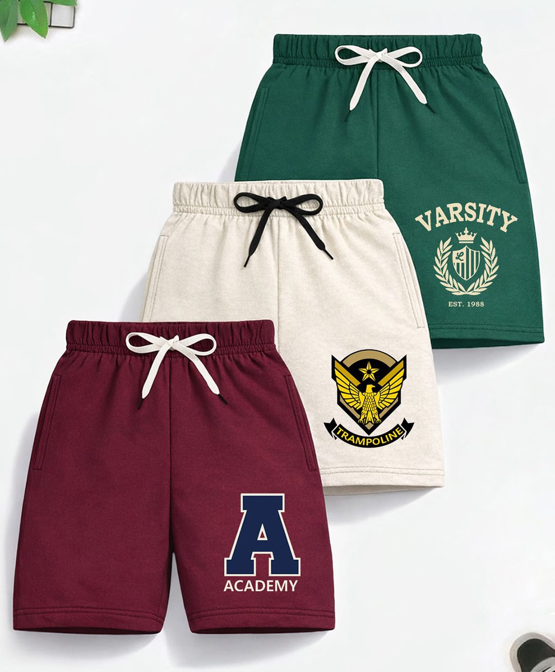 Trampoline Cotton Blend Pack Of 3 Academy & Varsity Text Printed Shorts - Maroon Beige & Green-picture-26