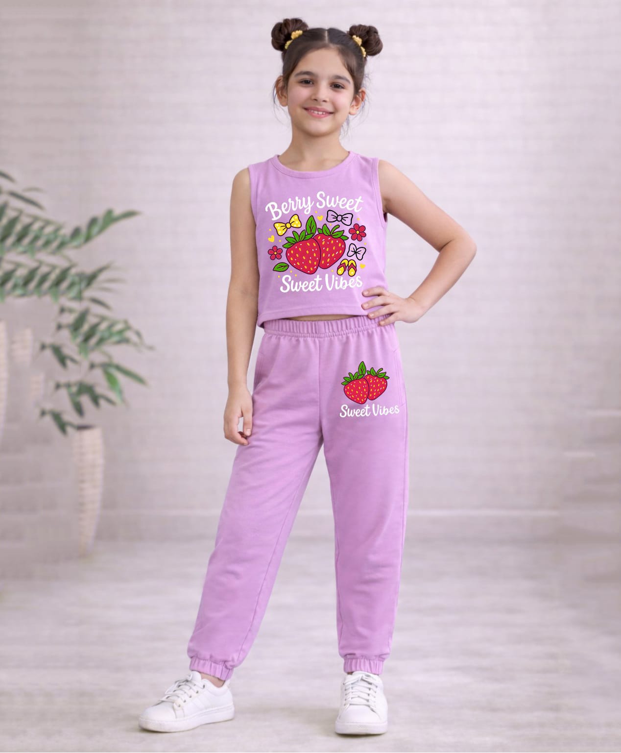 Trampoline Cotton Blend Knit Sleeveless Berry Sweet Text Printed Crop Top & Joggers Set - Purple-image-29