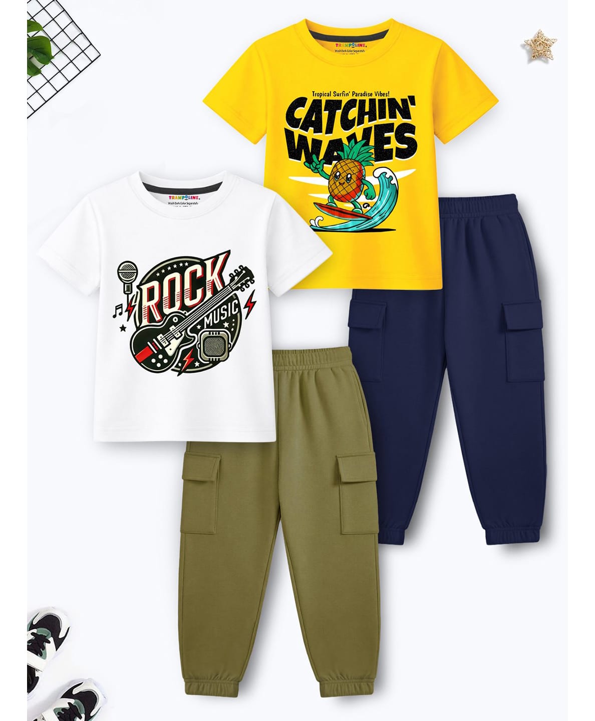 Trampoline Cotton Blend Knit Pack Of 2 Half Sleeves Rock Music & Catching Waves Text Printed Tees & Joggers Set - Multi Colour-image-41