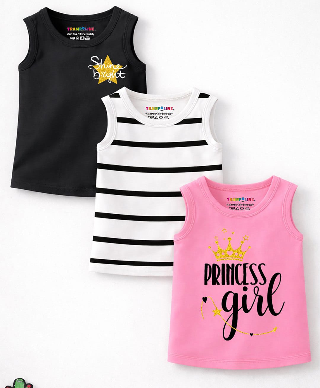 Trampoline Cotton Blend Knit Pack Of 3 Sleeveless Striped & Princess Girl Text Printed Tees - Multi Colour-picture-34