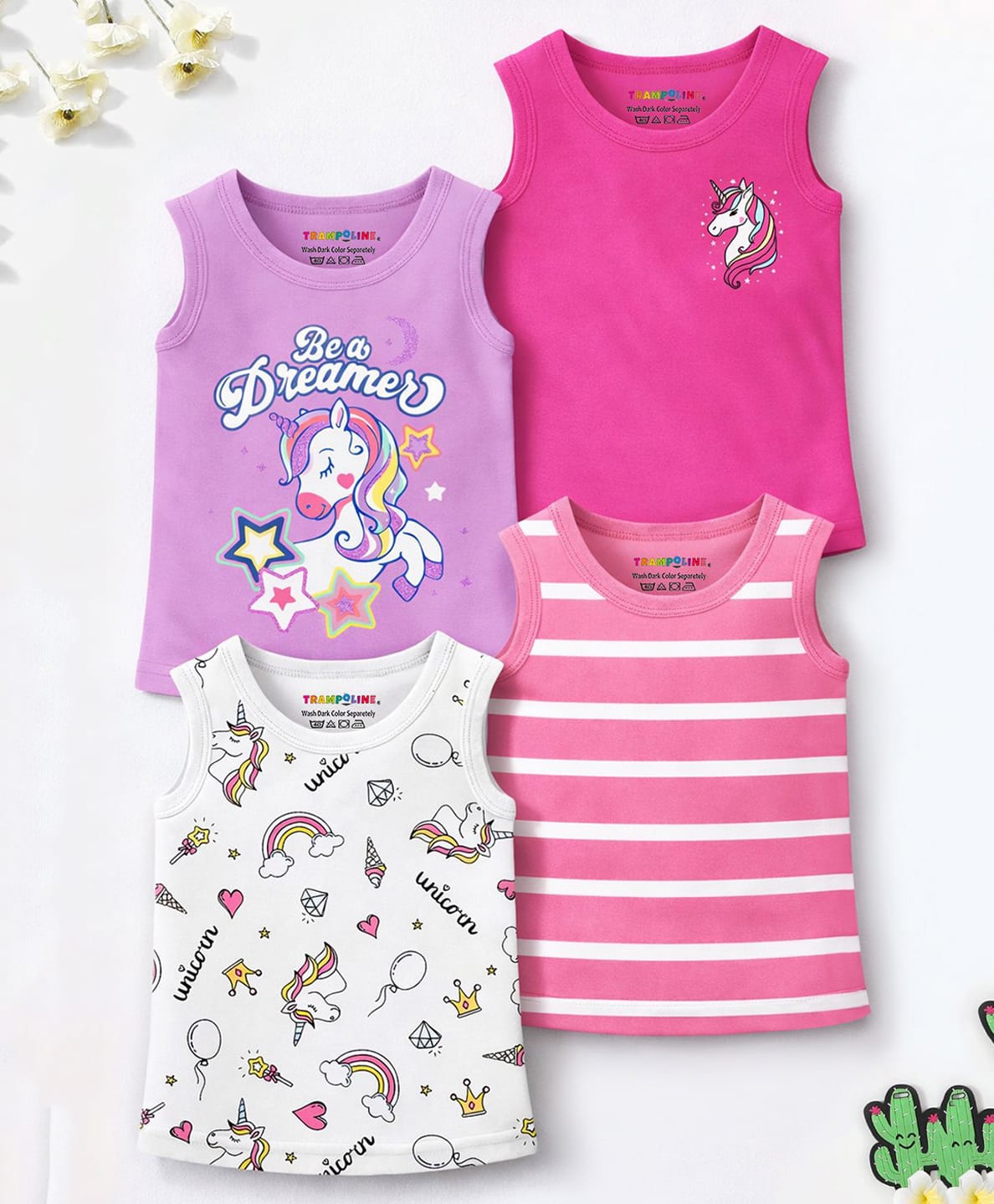 Trampoline Cotton Blend Knit Pack Of 4 Sleeveless Striped & Unicorn Printed Tees - Multi Colour-image-46