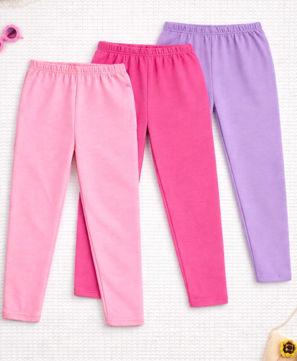 Trampoline Cotton Lycra Knit Pack Of 3 Solid Leggings - Pink & Purple-picture-12