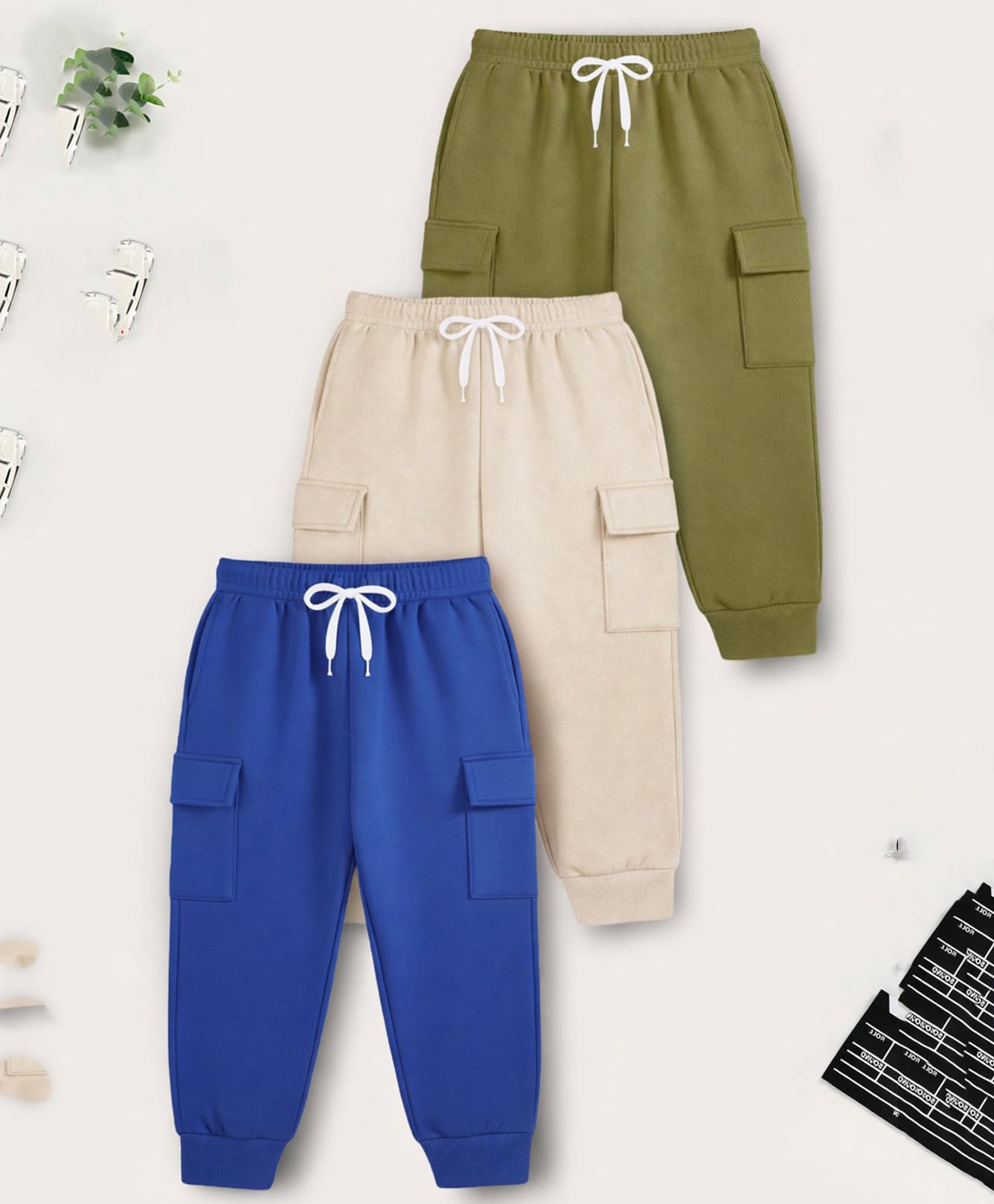 Trampoline Cotton Blend Knit Pack Of 3 Solid Cargo Styled Joggers - Green Beige & Blue-picture-29
