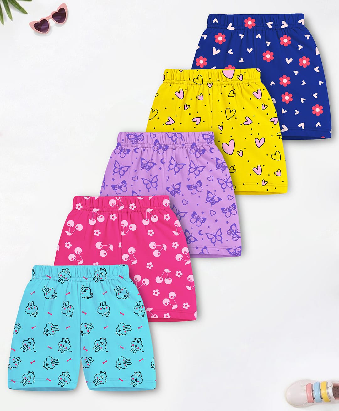 Trampoline Cotton Blend Knit Pack Of 5 Floral Hearts & Bunny Printed Shorts - Multi Colour-picture-28
