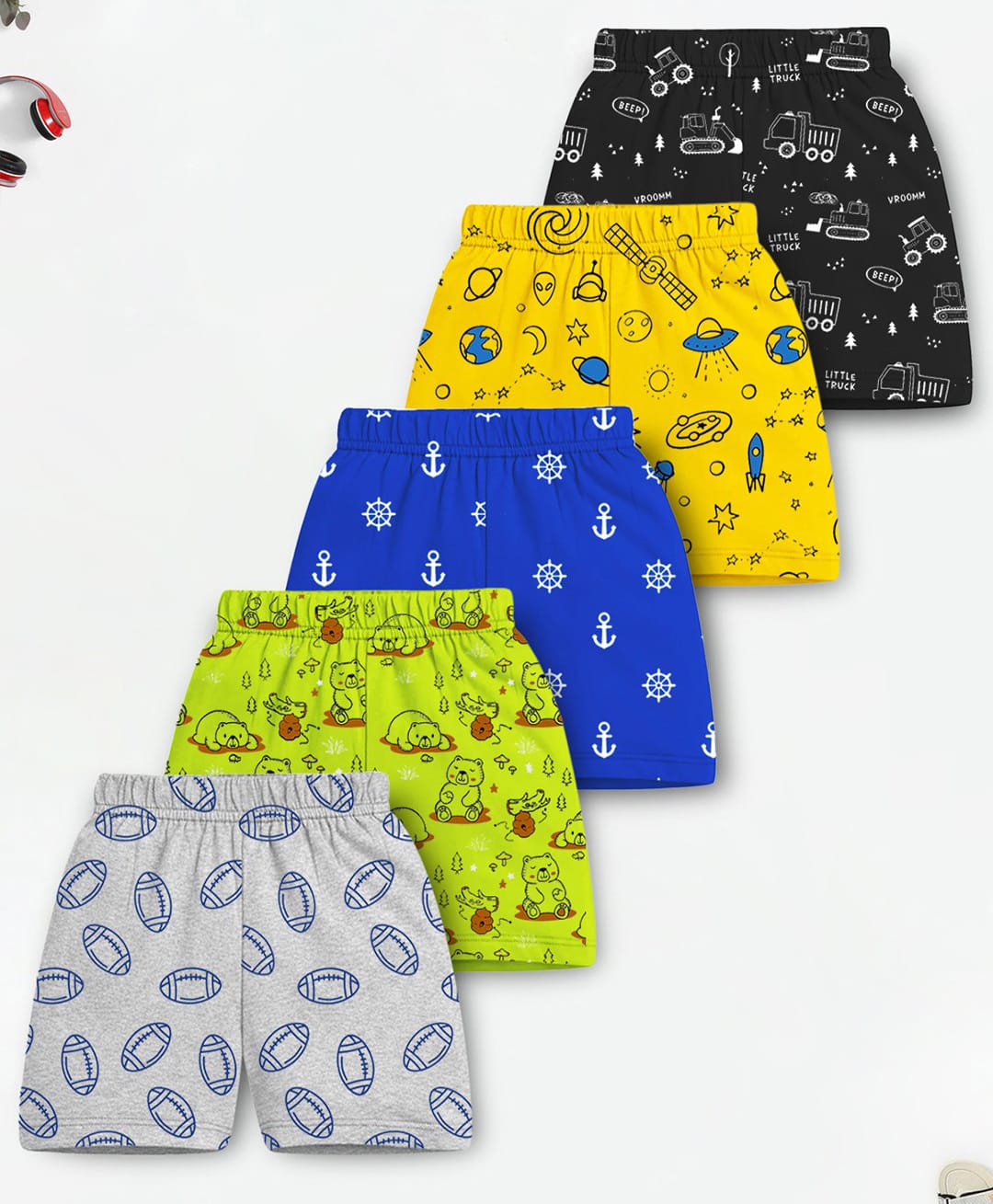 Trampoline Cotton Blend Knit Pack Of 5 Bear Vehicles & Space Theme Printed Shorts - Multi Colour-image-20