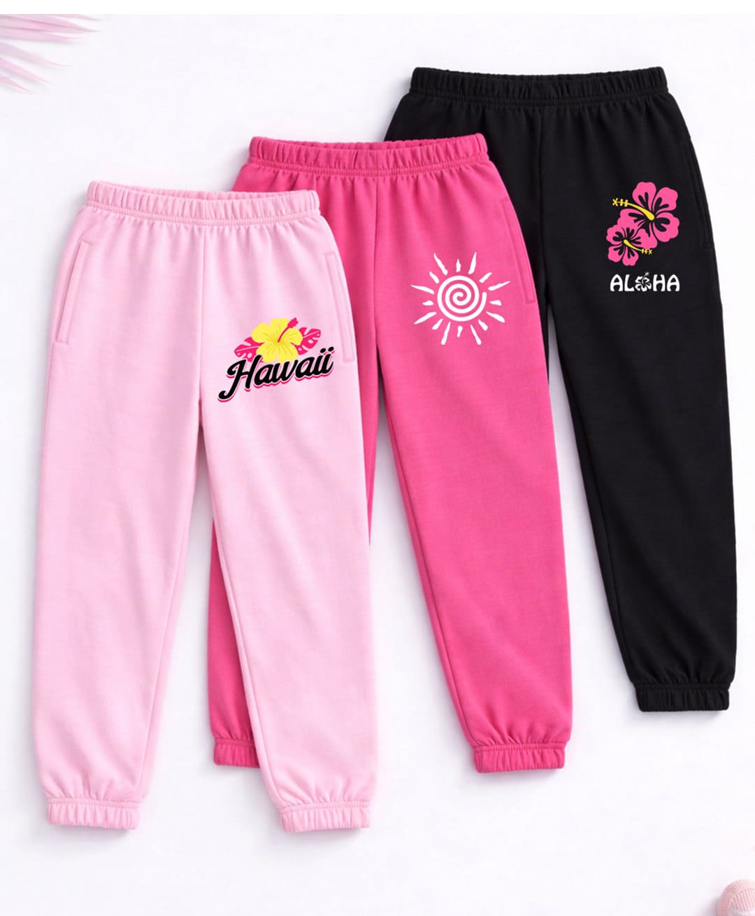 Trampoline Cotton Blend Knit Pack Of 3 Hawaii & Aloha Text Printed Track Pants - Pink Grey & Black-picture-25