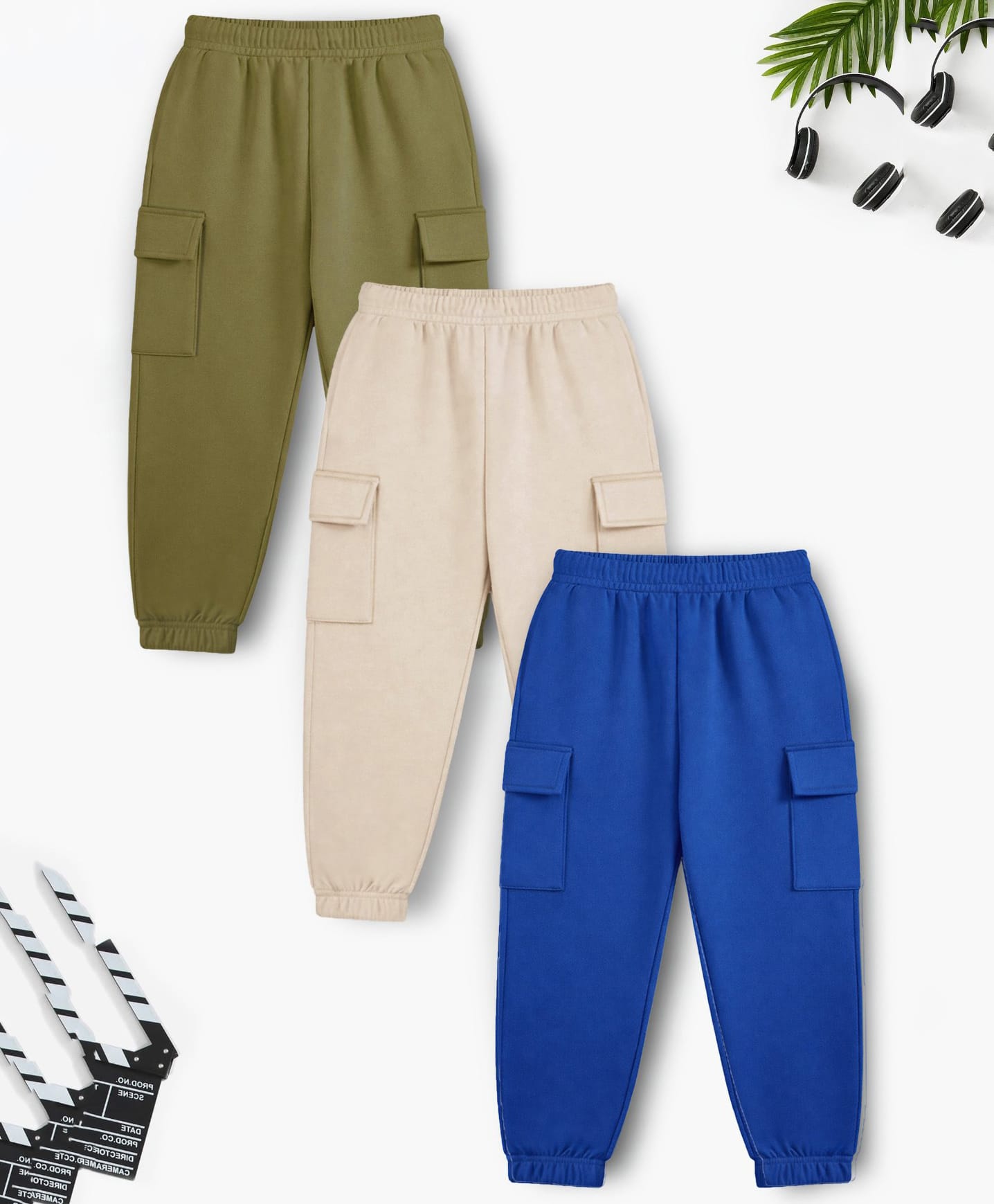 Trampoline Cotton Blend Knit Pack Of 3 Solid Cargo Style Joggers - Green Beige & Blue-picture-14