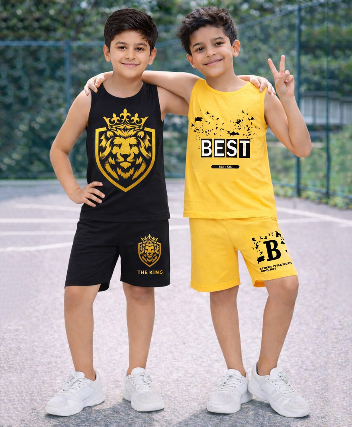 Trampoline Cotton Blend Knit Pack Of 2 Sleeveless Lion & Best Text Printed Coordinating Tees & Shorts Set - Black & Yellow-image-14