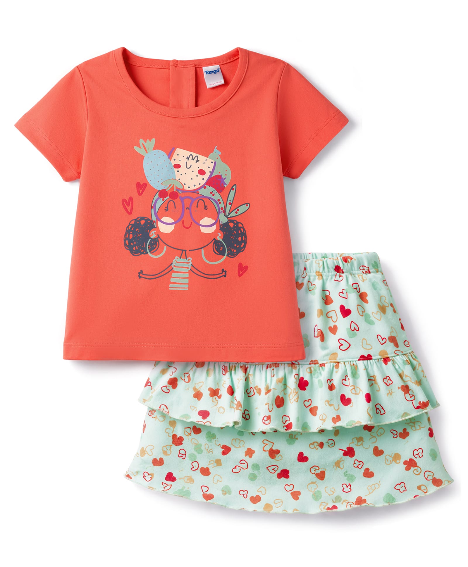 Tango Sinker Knit Half Sleeves Top & Skirt Set with Girl Print - Coral-image-20