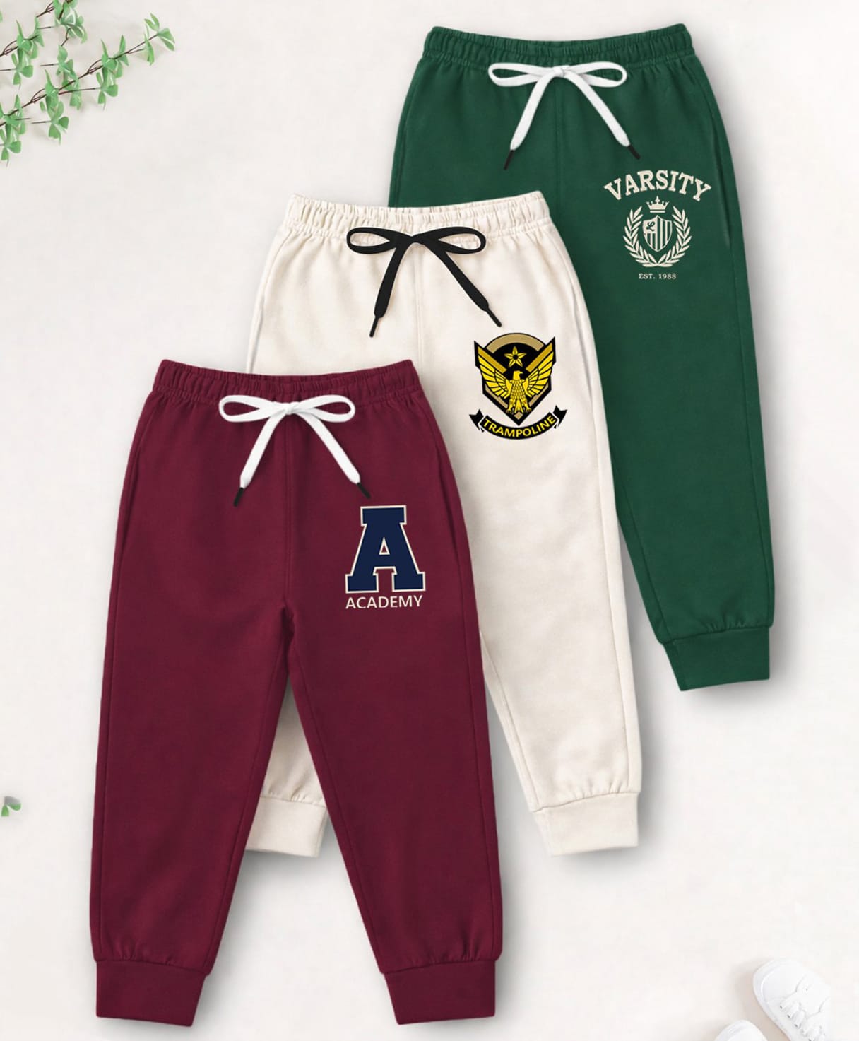 Trampoline Cotton Blend Knit Pack Of 3 Varsity & Academy Text Printed Track Pants - Brown Beige & Green-image-46