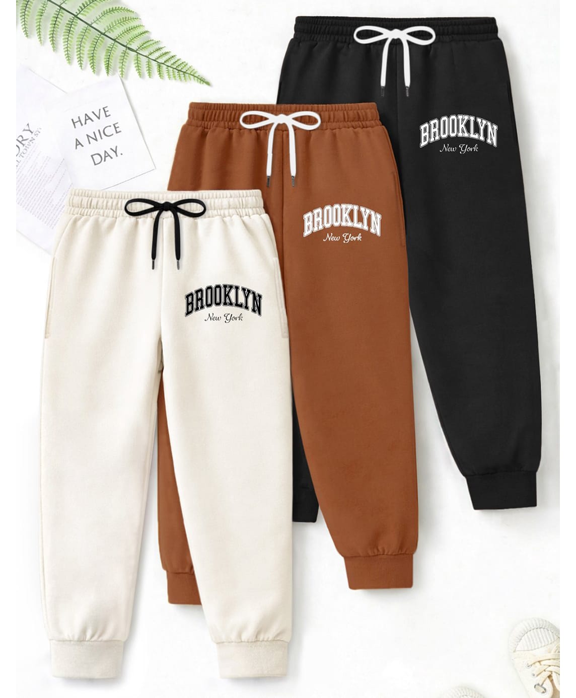 Trampoline Cotton Blend Knit Pack Of 3 Brooklyn Text Printed Track Pants - Brown Beige & Black-image-21