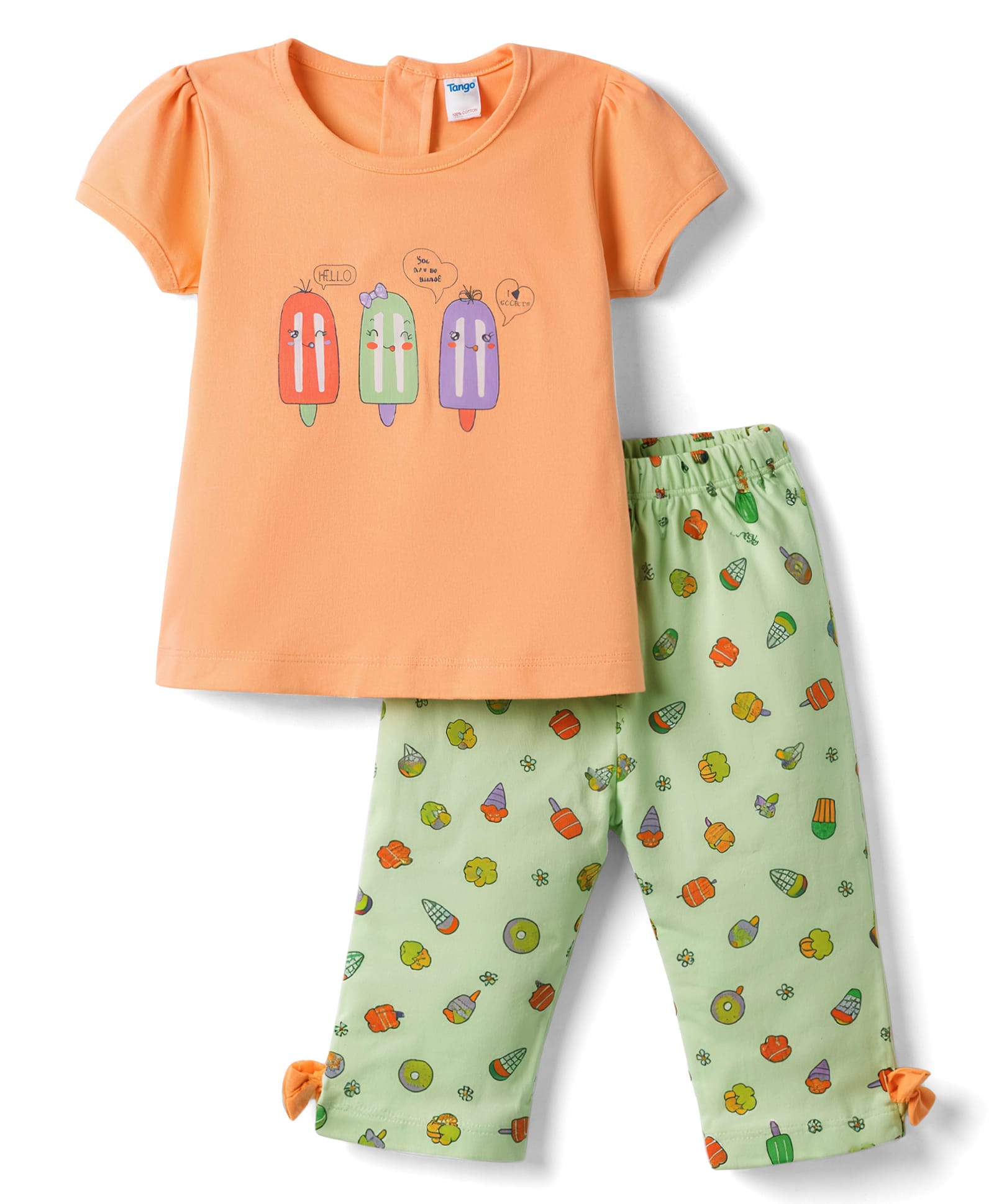 Tango Single Jersey Knit Half Sleeves T-Shirt & Lounge Pant Set with Ice Cream Print - Orange-image-46