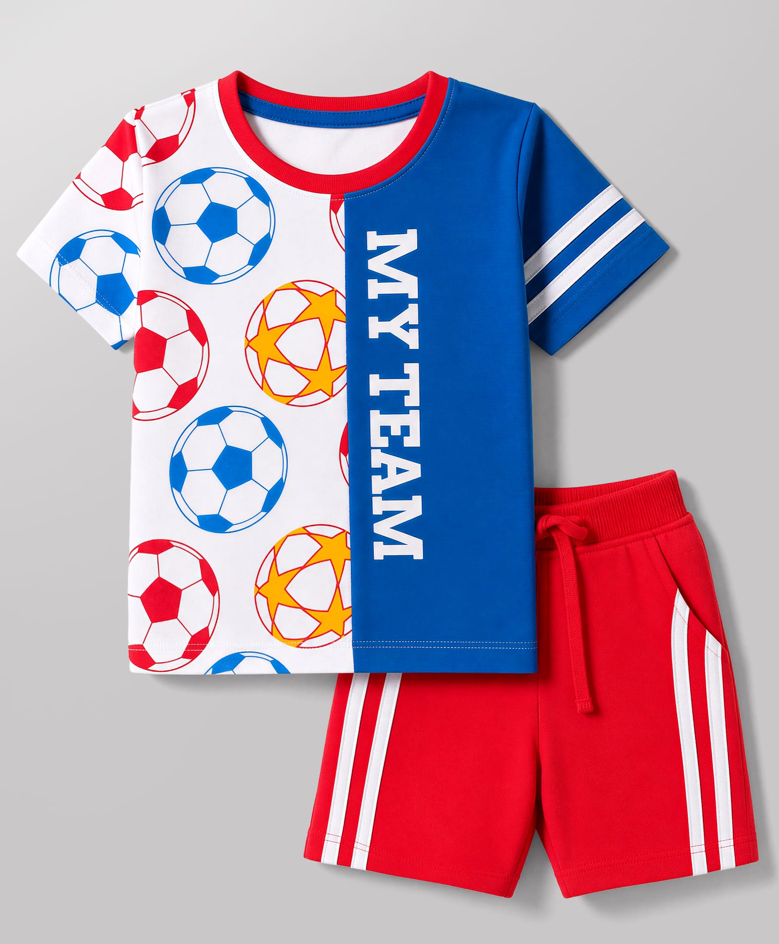 Babyhug Single Jersey Knit Half Sleeves T-Shirt & Shorts Set Football Print - Red & Navy Blue-image-43
