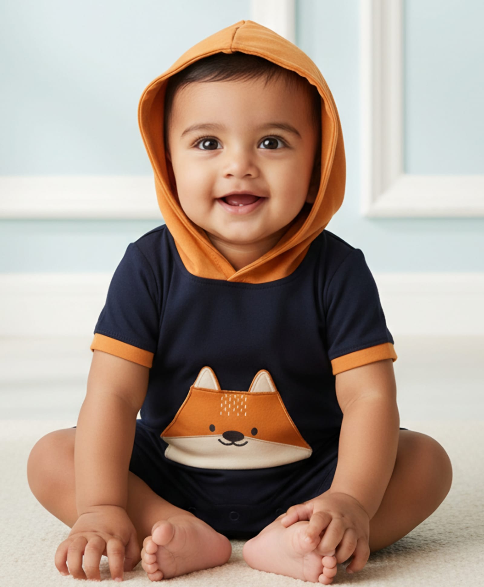 My Milestones 100% Cotton Knit Half Sleeves Fox Embroidered Hooded Romper - Navy Blue-picture-45