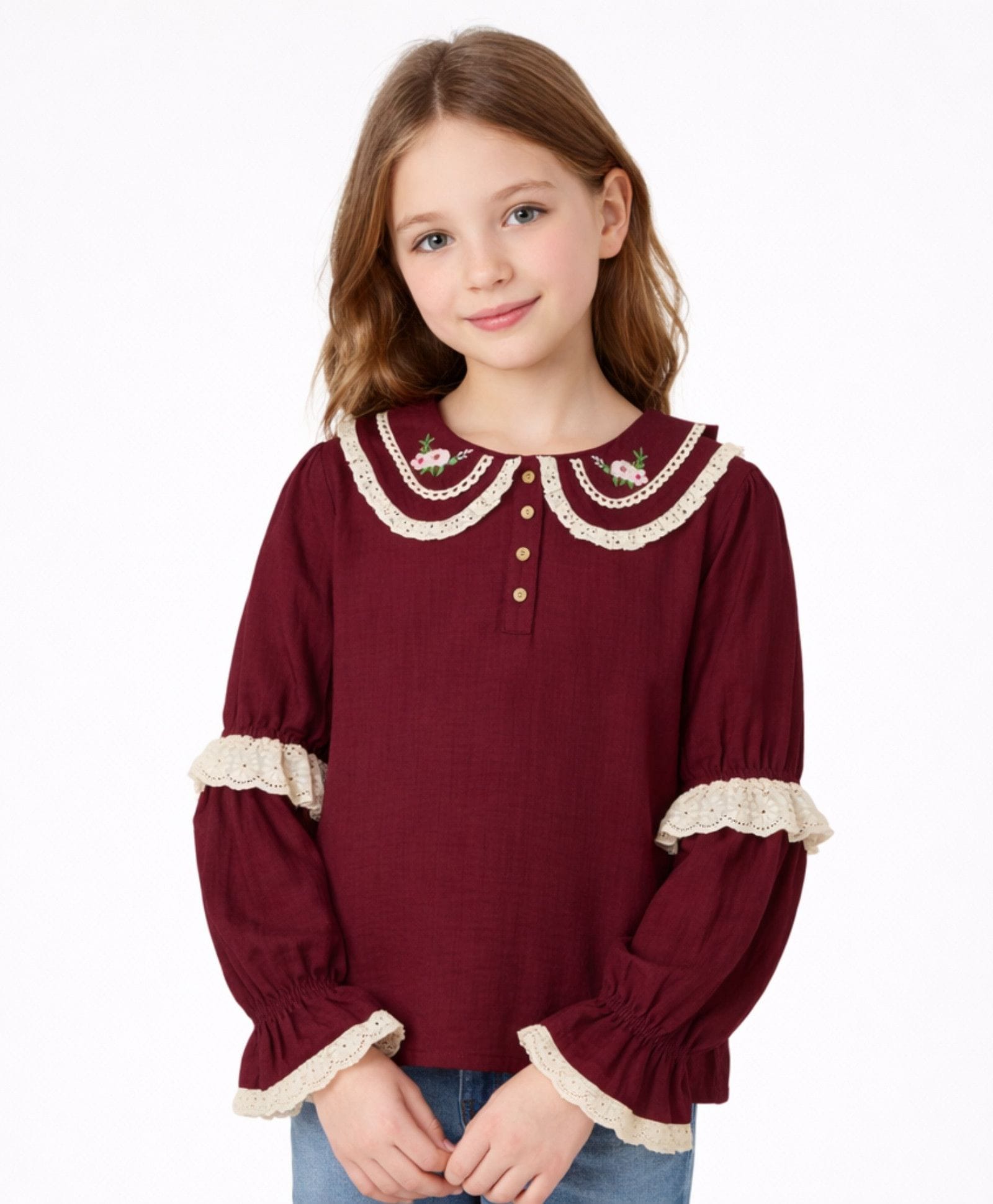My Milestones 100% Cotton Knit Full Sleeves Floral Embroidered Lace Detailed Top - Maroon-picture-1