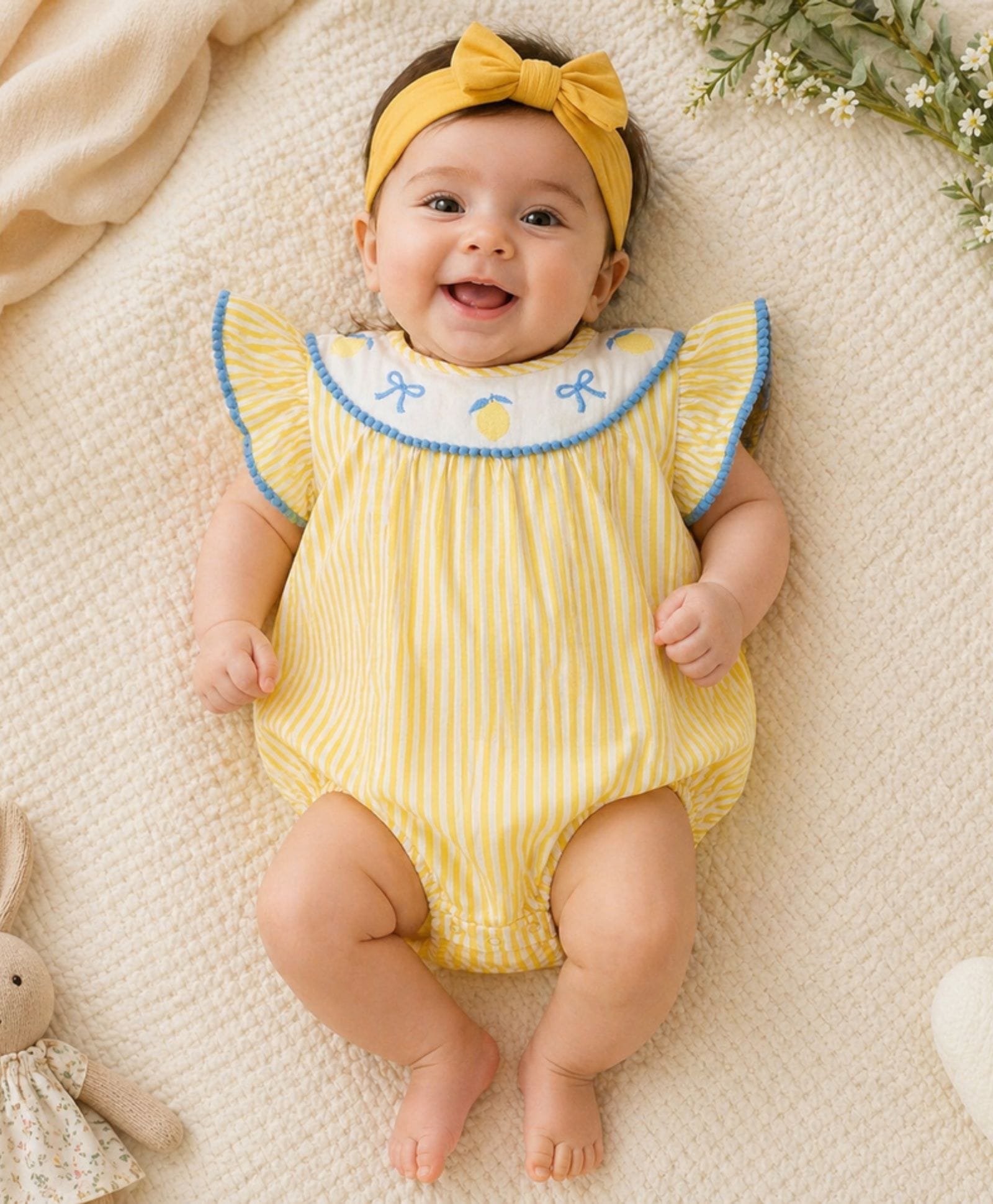 My Milestones 100% Cotton Woven Sleeveless Striped Onesie - Yellow & White-picture-4