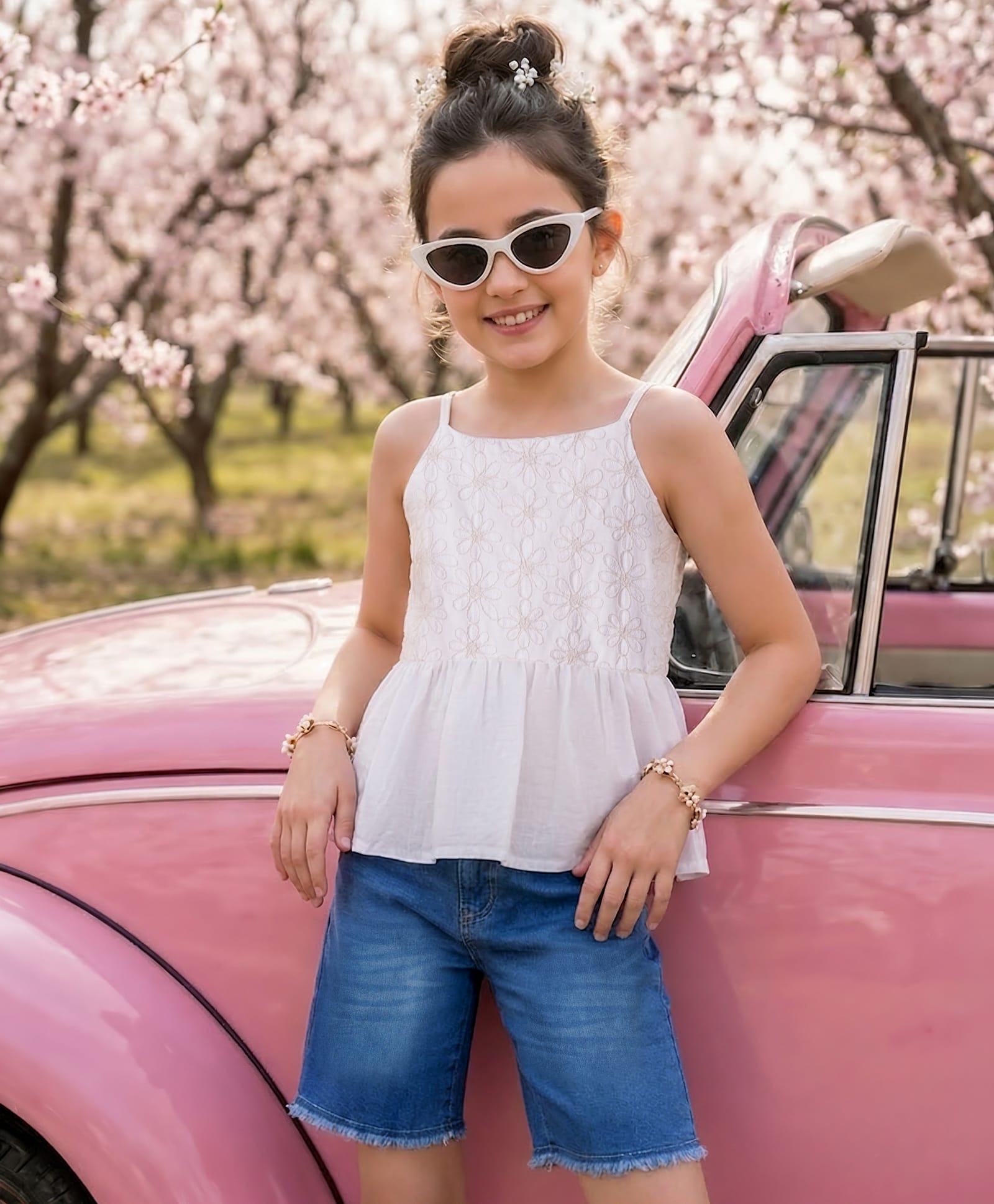 Arias Cotton Ealastane Woven Top & Denim Shorts Set with Floral Embroidery - White-image-37
