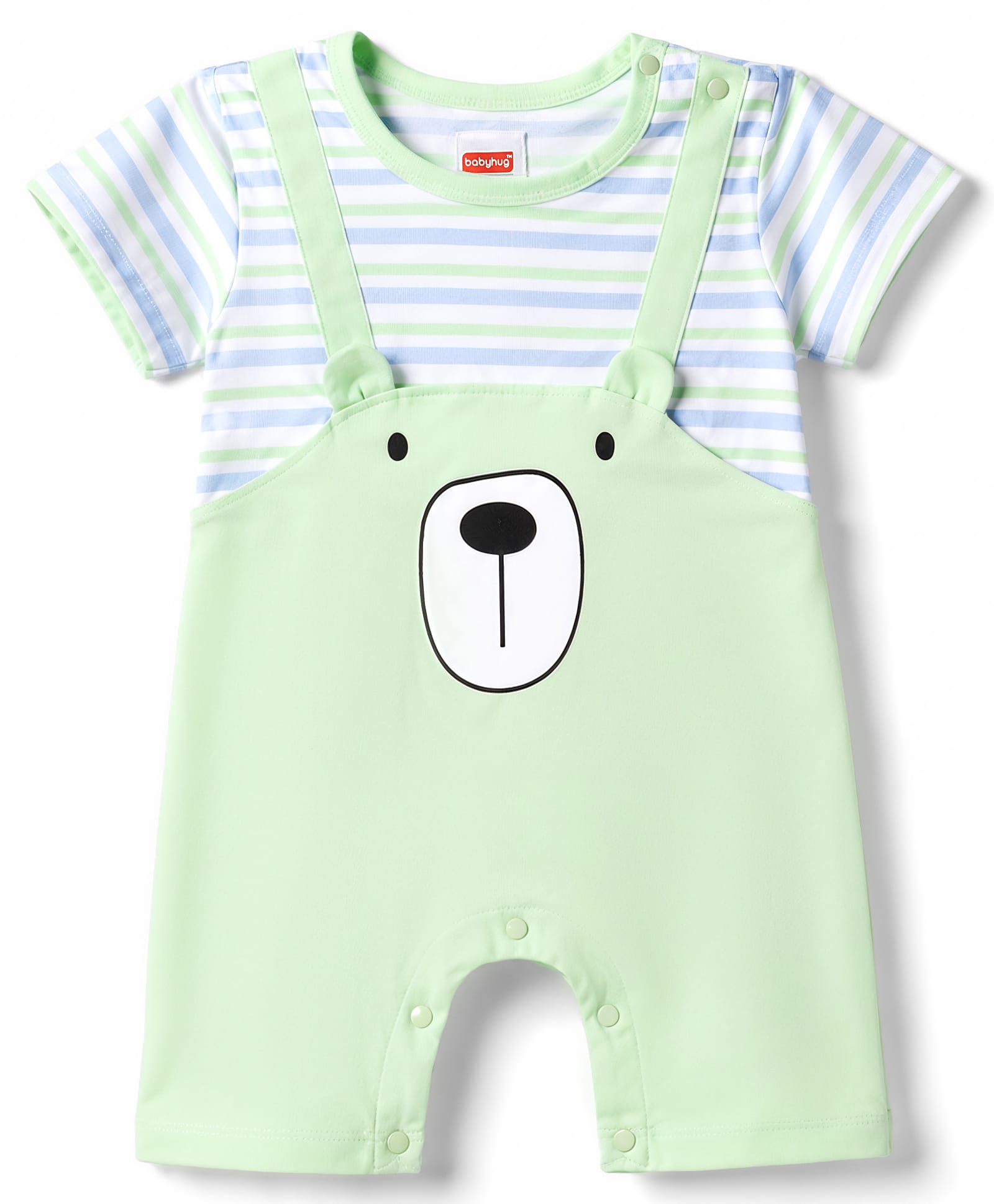 Babyhug 100% Cotton Single Jersey Knit Half Sleeves Striped Romper With Bear Print - Light Green-image-30