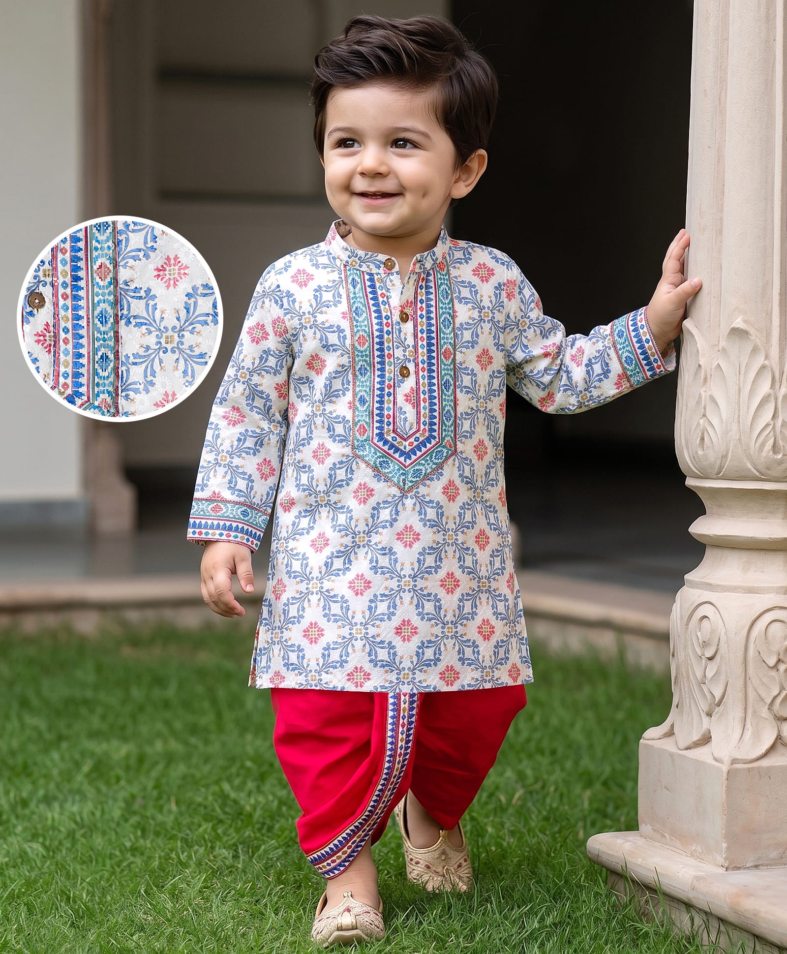 EARTHY TOUCH Cotton Woven Full Sleeves Dhoti Kurta With Floral Print - White-image-8