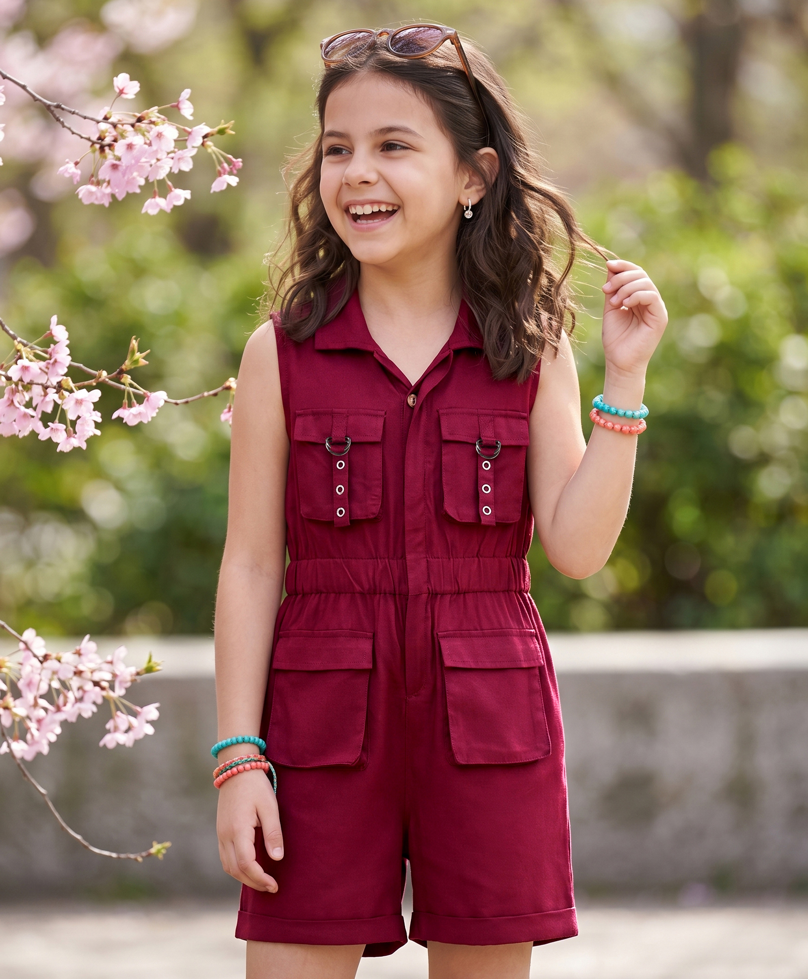 Arias Rayon Woven Twill Sleeveless Jumpsuit With Cargo Pockets & Buckle Loops - Maroon-image-32