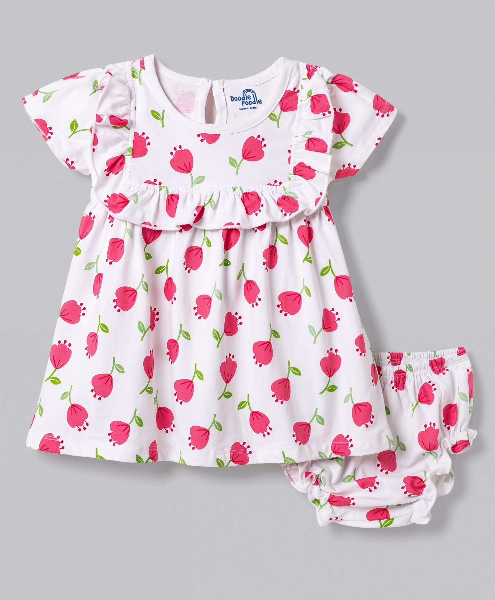 Doodle Poodle 100% Cotton Knit Half Sleeves Floral Printed Frock With Bloomer - White-picture-14