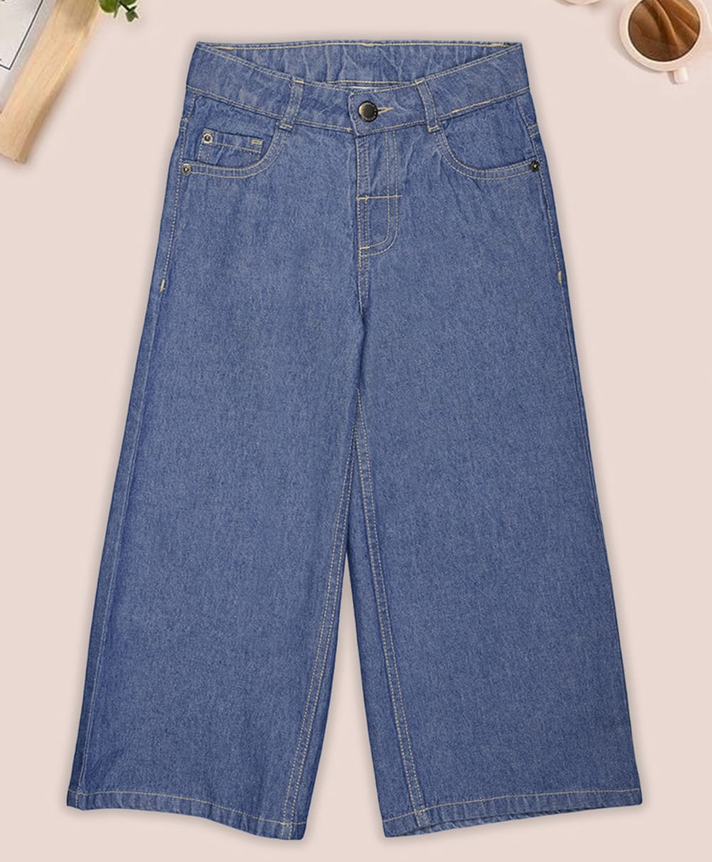 Pantaloons Junior Cotton Woven Solid Wide Leg Jeans - Blue-picture-22