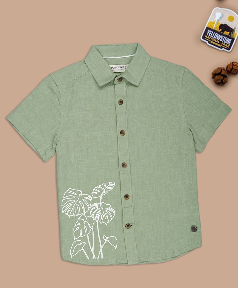 Pantaloons Junior Cotton Woven Half Sleeves Leaves Printed Shirt - Green-picture-22