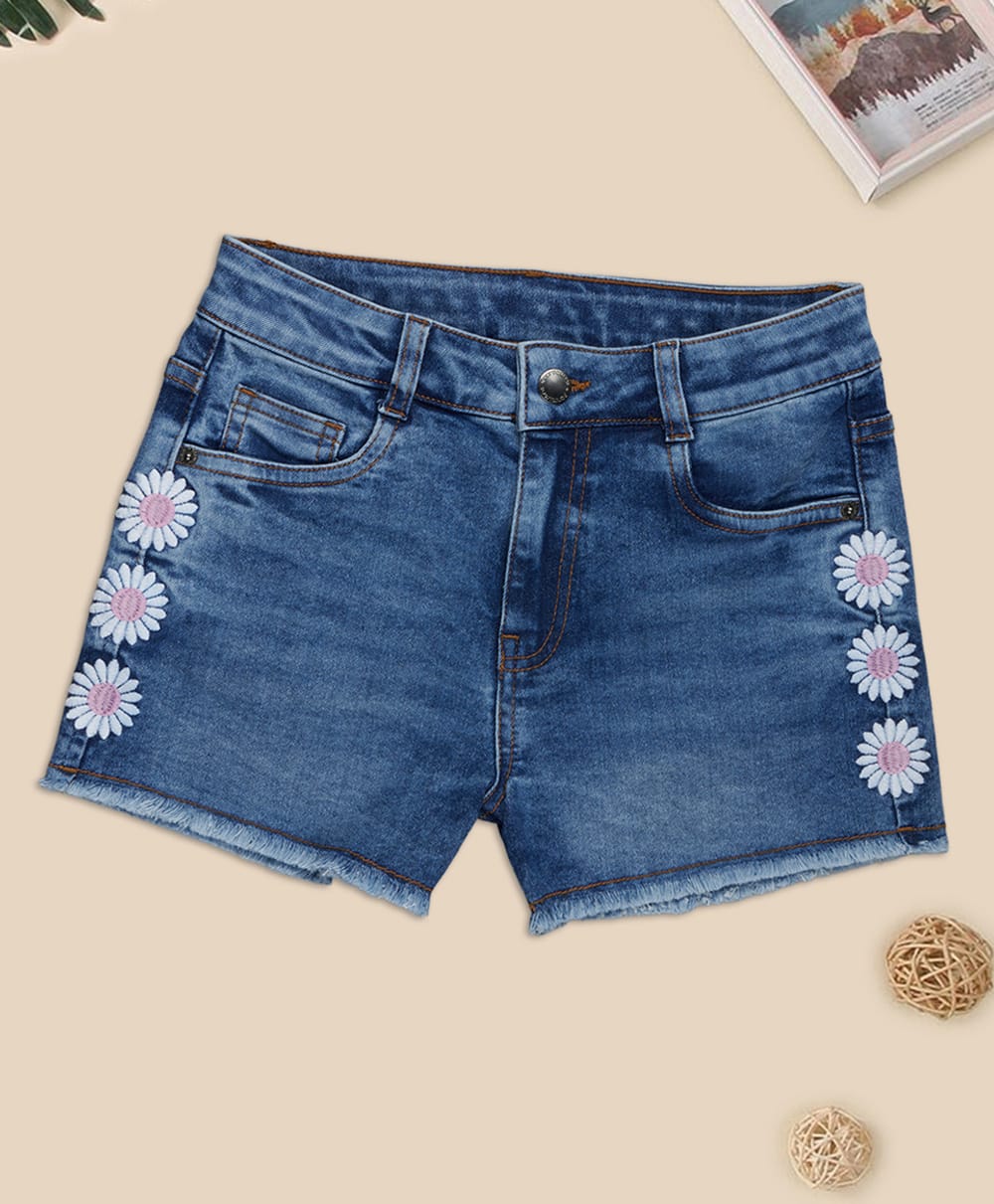 pantaloons junior Pantaloons by Junior Woven Daisy Embroidered Washed Shorts - Blue-picture-14