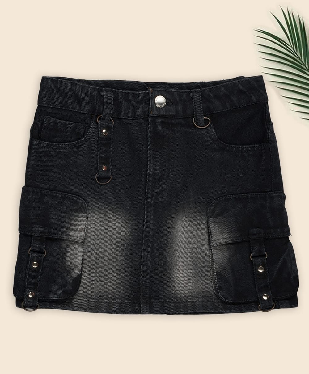 Pantaloons Junior Cotton Woven Faded Denim Skirt - Black-picture-17