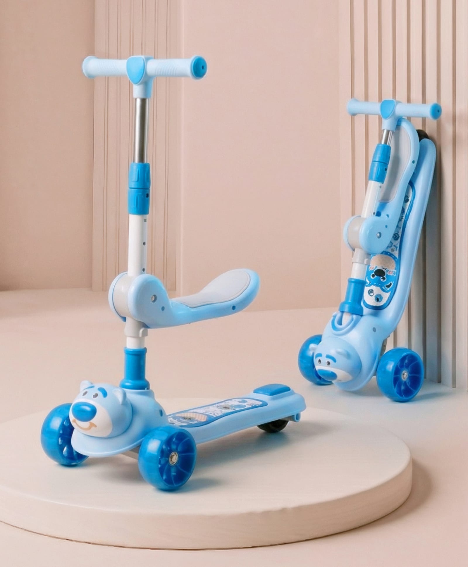 2-in-1 Kids 3 Wheel Scooter with Foldable Seat & LED Wheels - Blue| Adjustable Height| Music| Lean-to-Steer| Toy for 3 to 10 Yrs Boys & Girls| Sport Gift| Physical Activity| Activity Gift