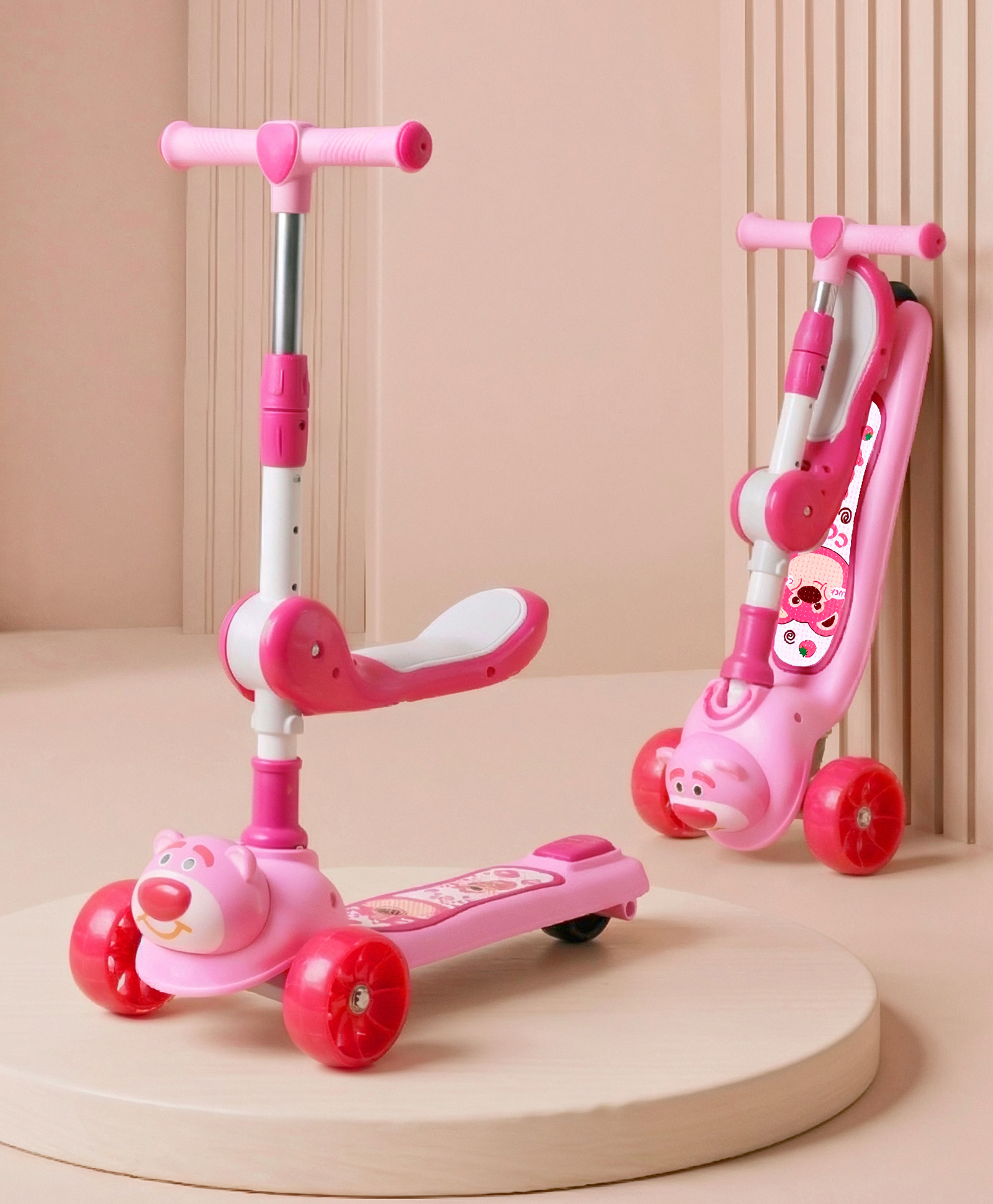 2-in-1 Kids 3 Wheel Scooter with Foldable Seat & LED Wheels Adjustable Height| Music Lean-to-Steer|Toy for 3 to 10 Yrs Boys & Girls Sport Gift Physical Activity Activity Gift - Pink