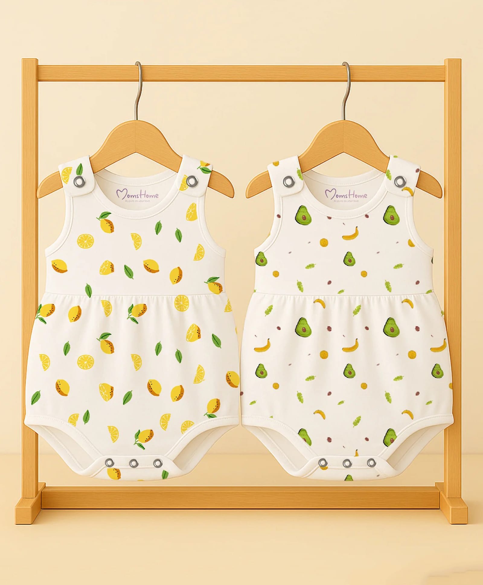 Mom's Home Organic Cotton Knit Pack Of 2 Sleeveless Avocado & Lemon Printed Dress Style Onesie - White-image-40