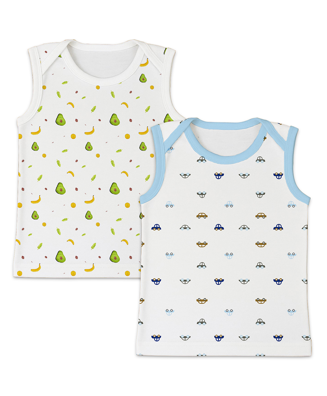 Mom's Home Organic Cotton Knit Pack Of 2 Sleeveless Avocado & Cars Printed Vests - White-picture-25